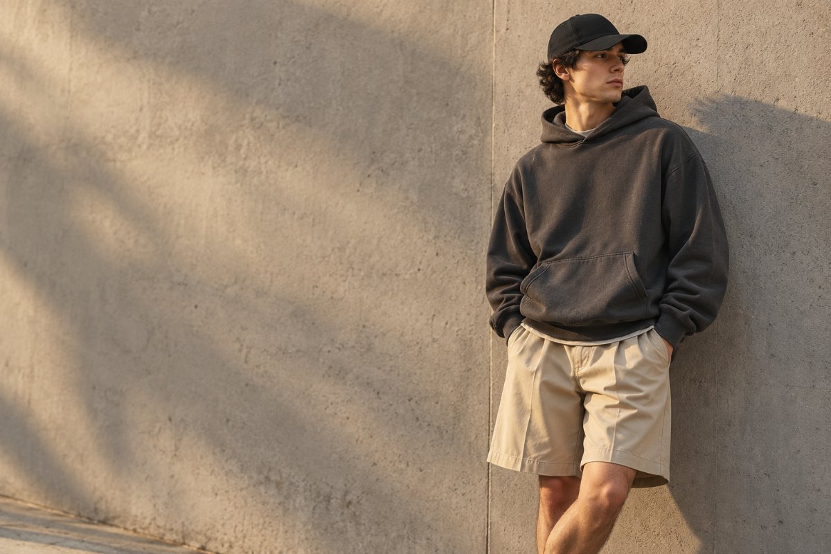 Person in a charcoal hoodie, sand shorts and a black cap leaning on a concrete wall